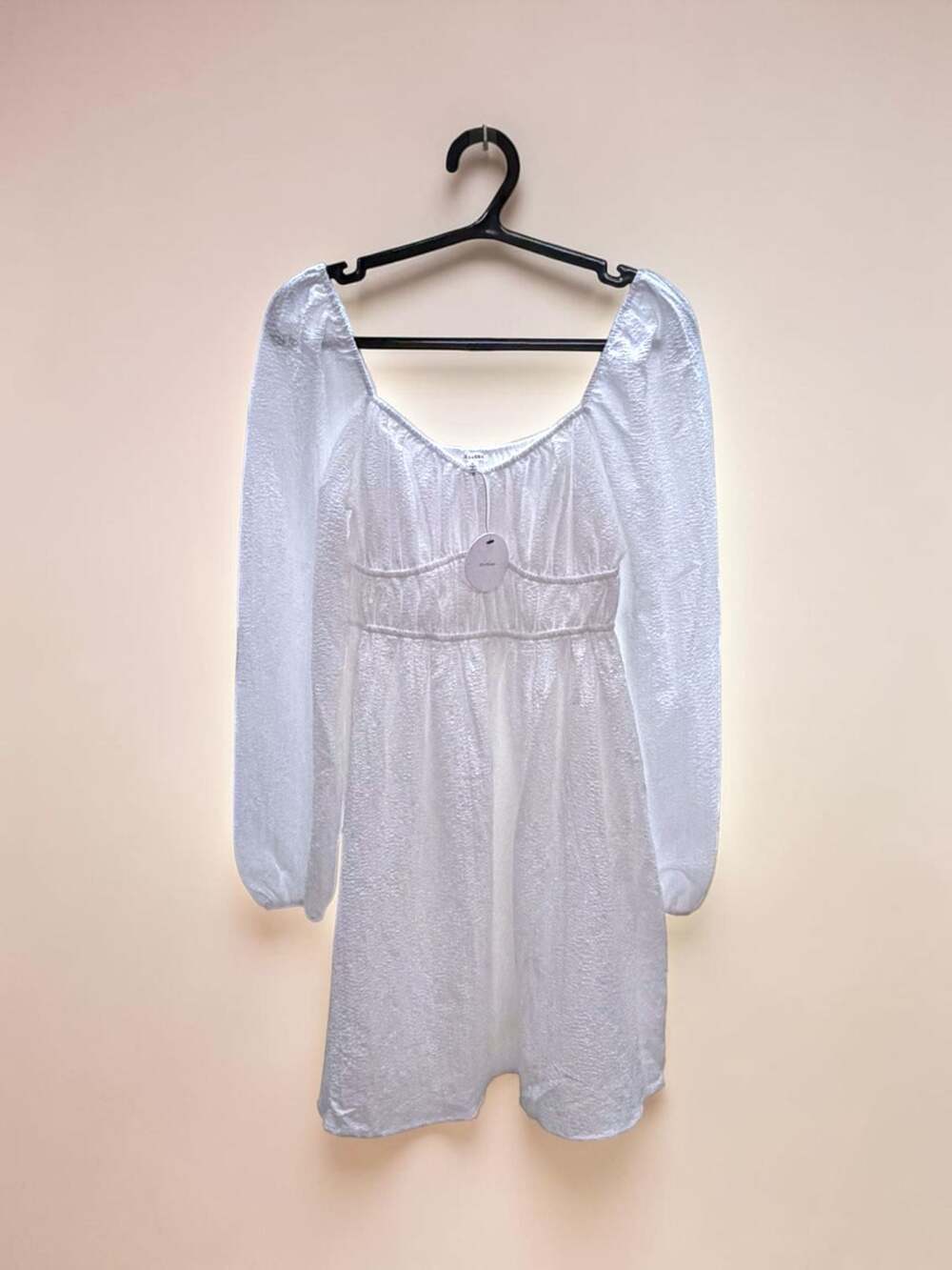 EN CRÈME White Textured Long Sleeve Smocked Waist Mini Dress‎ Size S